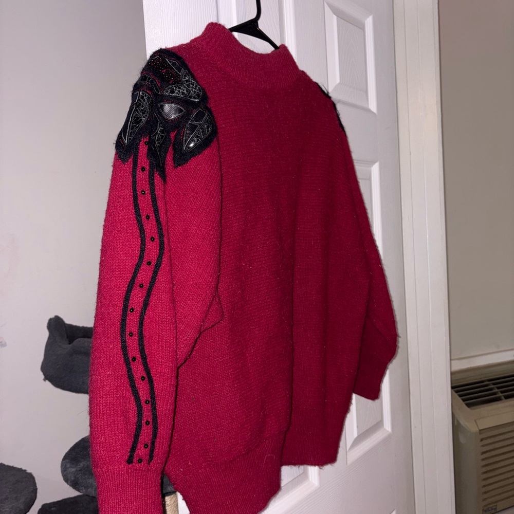 Red and black vintage 80s sweater with black leather detailing